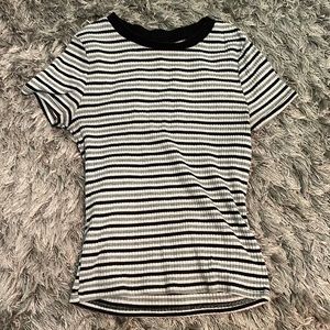 Black, white, and grey stripped t-shirt.